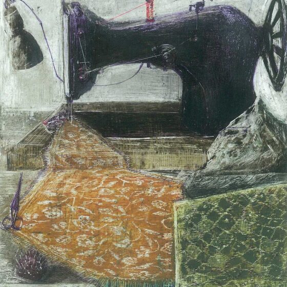 La macchina da cucire, olio su carta, cm 7x9 - Debora Piccinini Artista