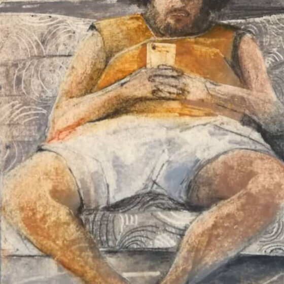 Ritratto di Alessio con ciabatte brutte, tecnica mista su cartonlegno, cm 18x2 (2020) - Debora Piccinini Artista