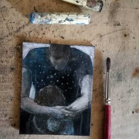 L'abbraccio della notte, tecnica mista su carta, cm 7x9 (2020) - Debora Piccinini Artista